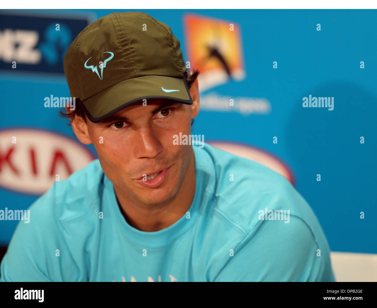 Melbourne, Australia. Xi gen, 2014. Rafael Nadal di Spagna reagisce durante la conferenza stampa in vista del Australian Open di tennis nel torneo di Melbourne, Australia, 11 gennaio 2014. Credito: Li Peng/Xinhua/Alamy Live News Foto Stock