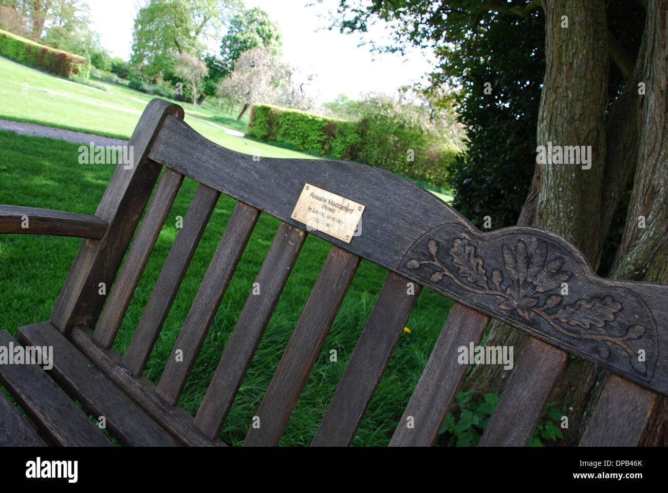 Memorial banco nei motivi di Abbazia di Glastonbury, Somerset REGNO UNITO Foto Stock