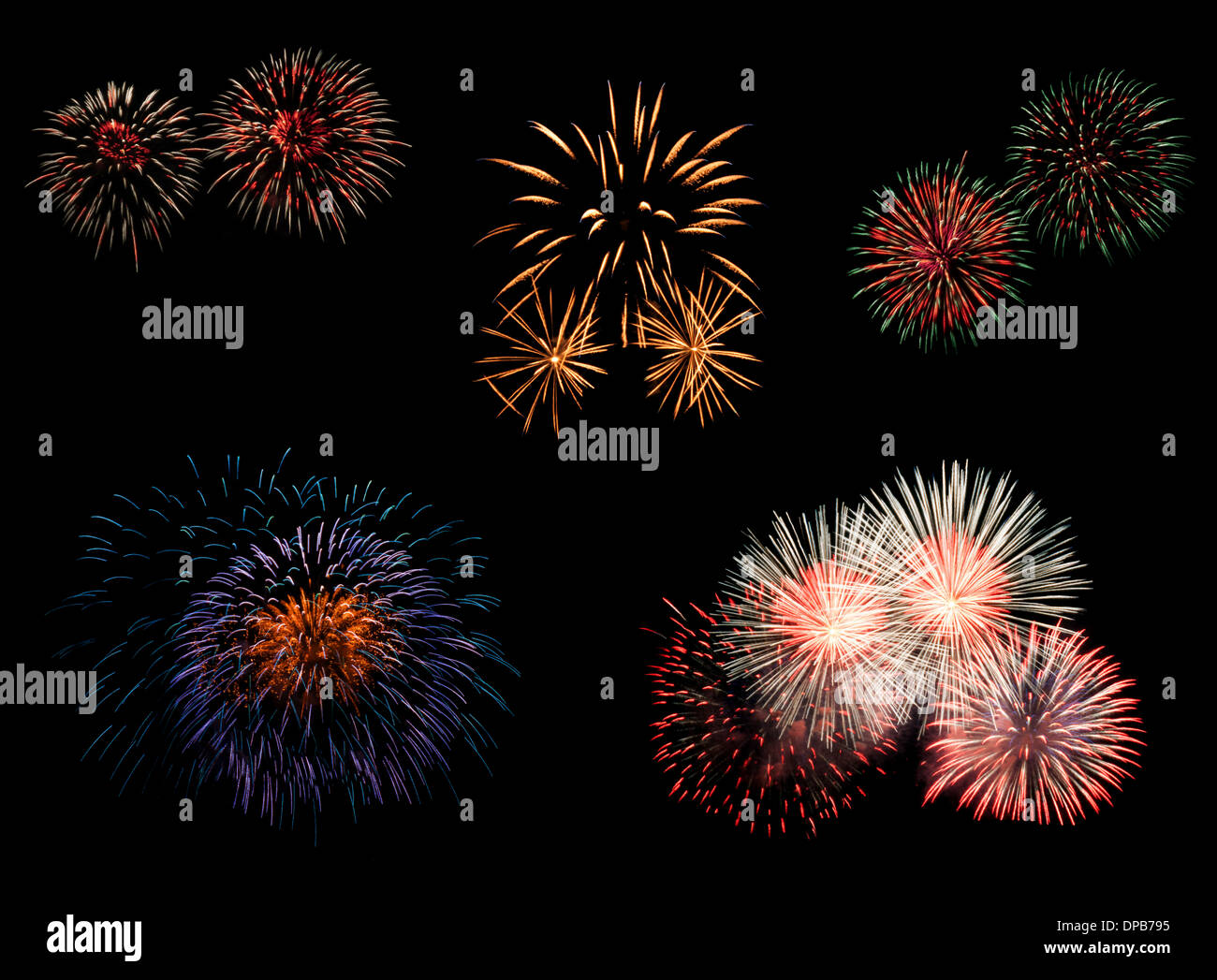 Collezione di coloratissimi fuochi d'artificio su sfondo nero Foto Stock
