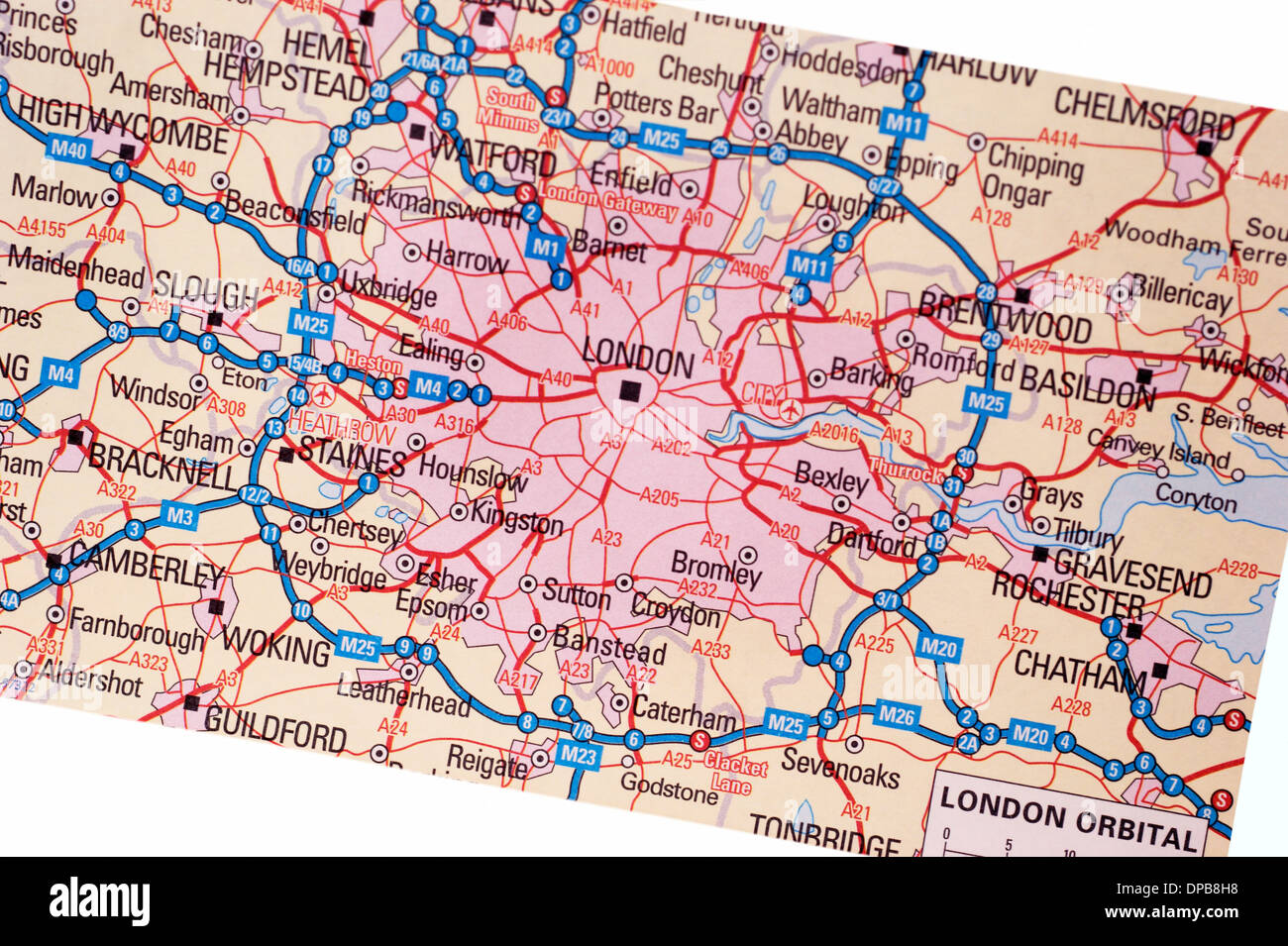 Un tradizionale mappa su carta (mappe) dell'Inghilterra che mostra la M25 percorso orbitale & zone di Londra Foto Stock