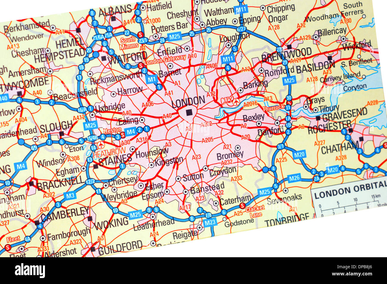 Un tradizionale mappa su carta (mappe) dell'Inghilterra che mostra la M25 percorso orbitale & zone di Londra Foto Stock