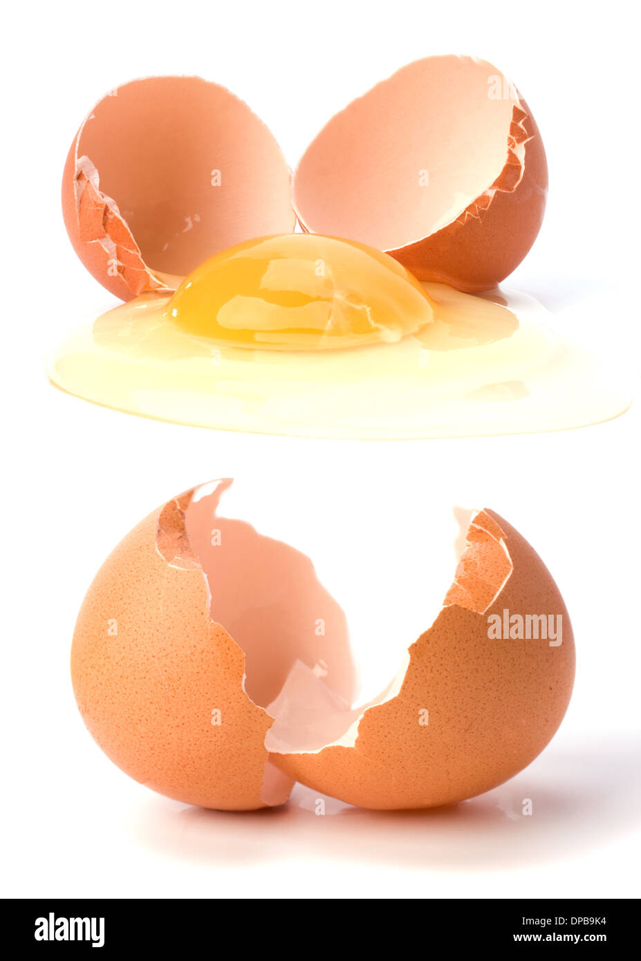Uovo rotto e vuoto guscio d'uovo isolato su sfondo bianco Foto Stock