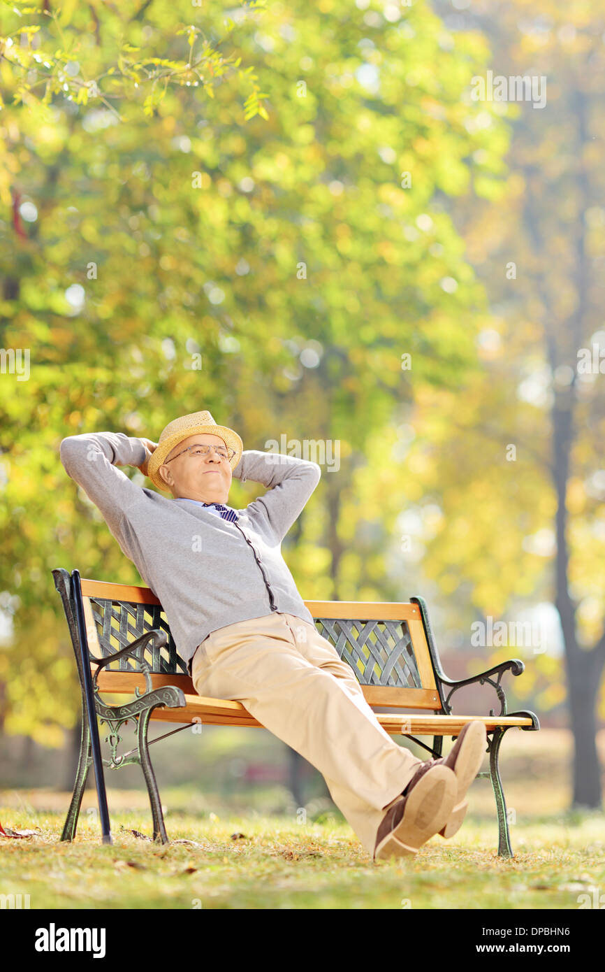 Senior gentleman seduto sulla panca di legno e rilassante in un parco Foto Stock