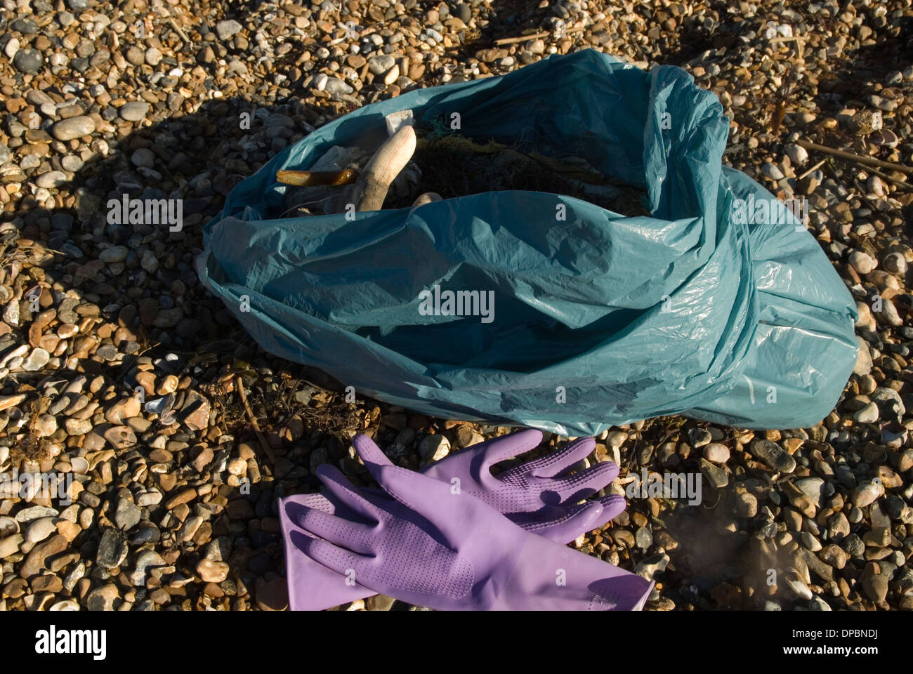 Eliminazione di rifiuti dalla riva del mare Foto Stock