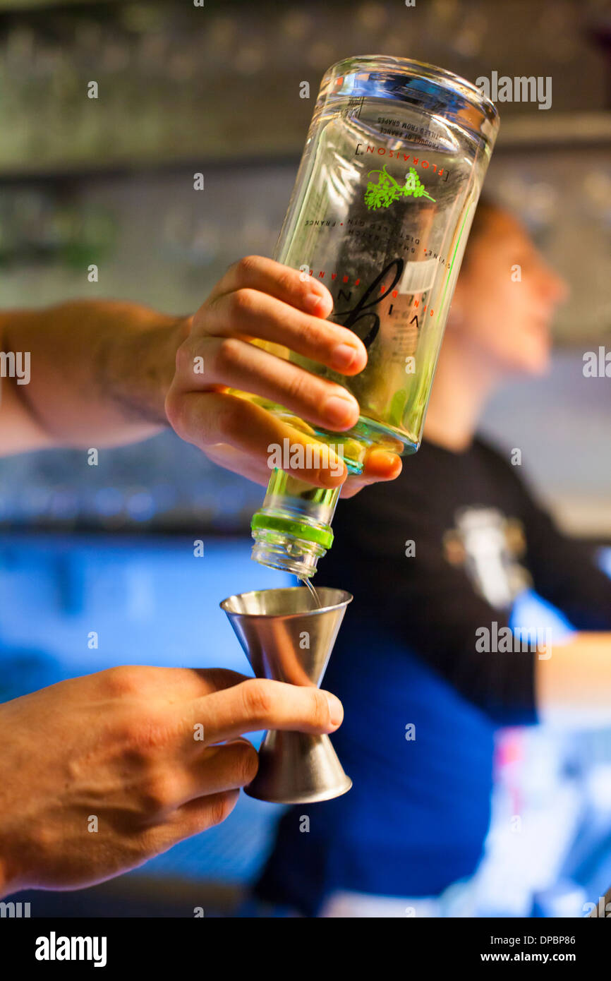 Preparare e provare vari cocktail tonici e gin. Foto Stock
