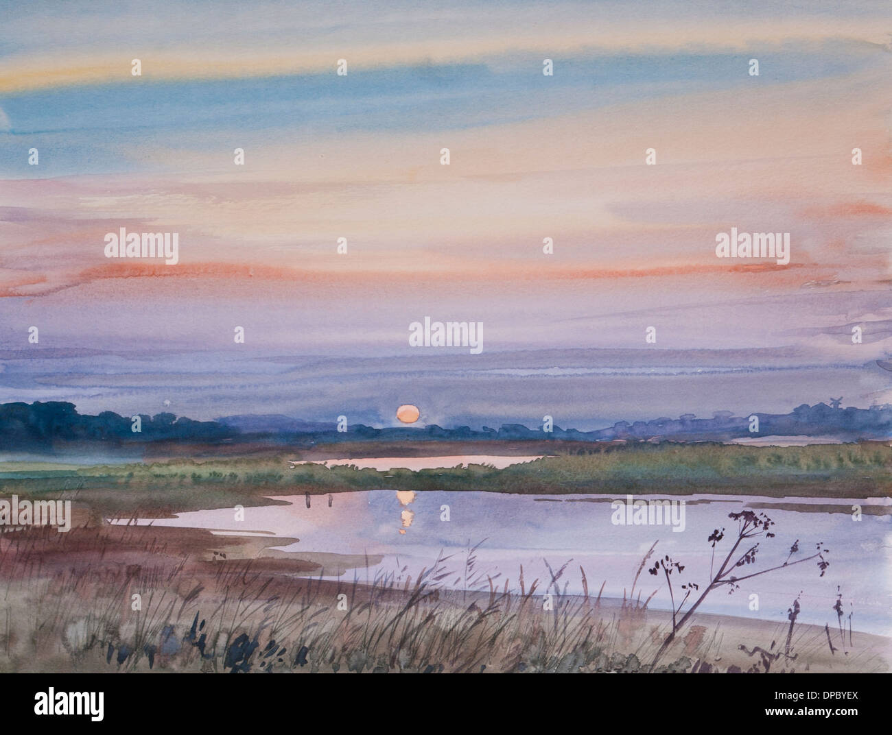 Tramonto sul livello a pett laghi East Sussex Regno Unito la pittura ad acquerello Foto Stock