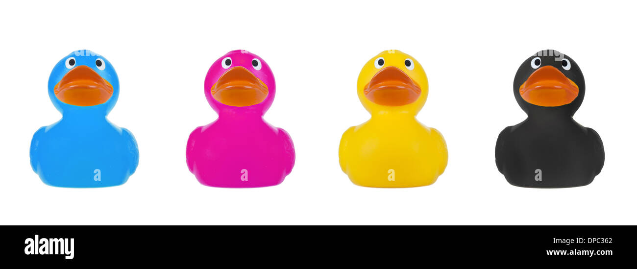 Rubber Duck, CMYK concetto, su sfondo bianco Foto Stock