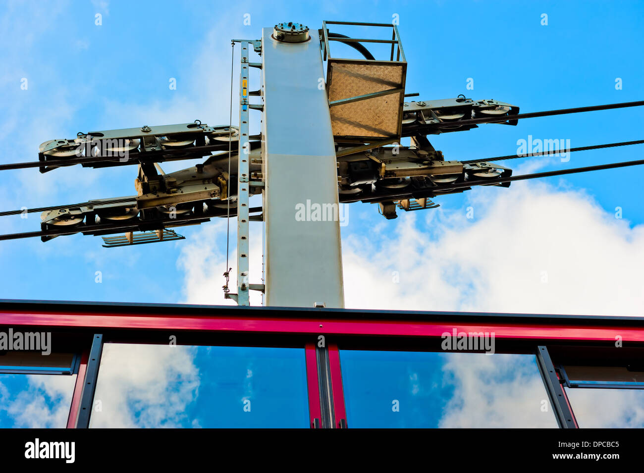 Il meccanismo della funivia e parte del rimorchio Foto Stock