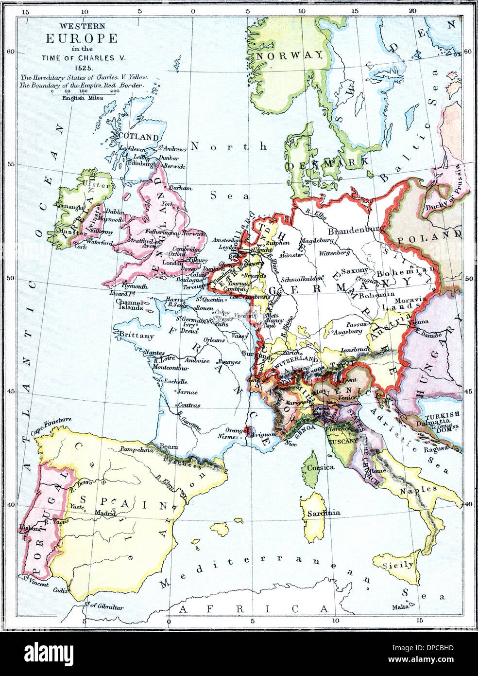 Mappa dell'Europa ai tempi di Carlo V, 1525. Foto Stock