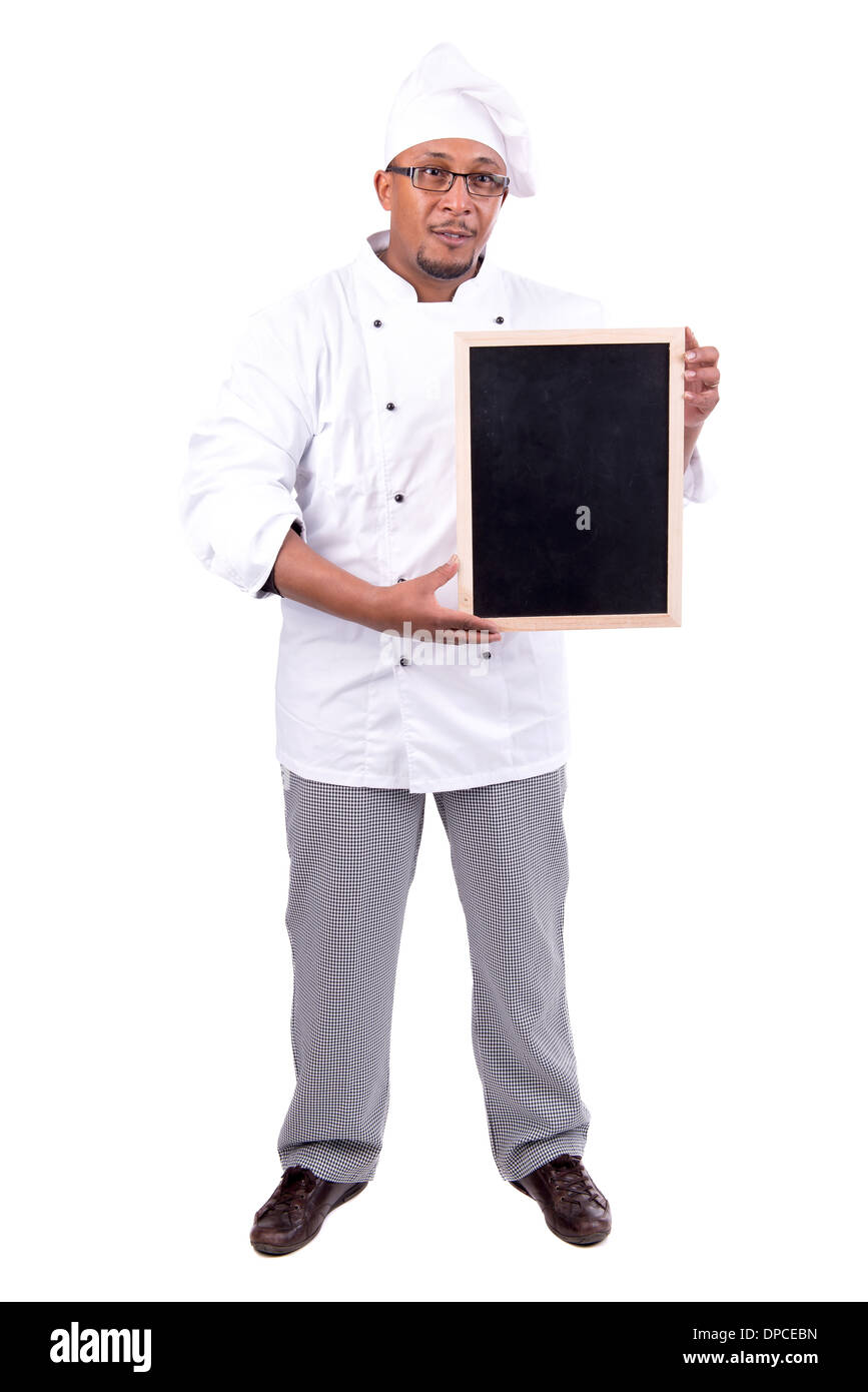 Lo chef maschio con scheda menu isolato in bianco Foto Stock