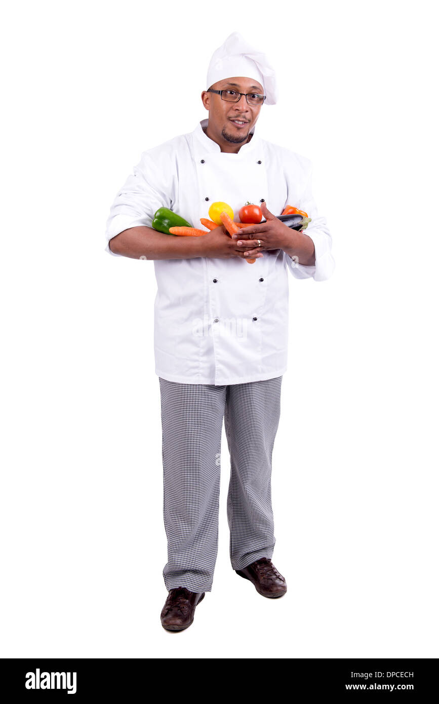 Lo chef maschio con frutta e verdura isolato in bianco Foto Stock