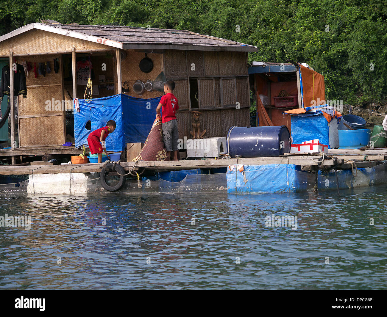 Le famiglie a vantare in un villaggio galleggiante tutti lavorando a Halong Bay, Vietnam. Foto Stock