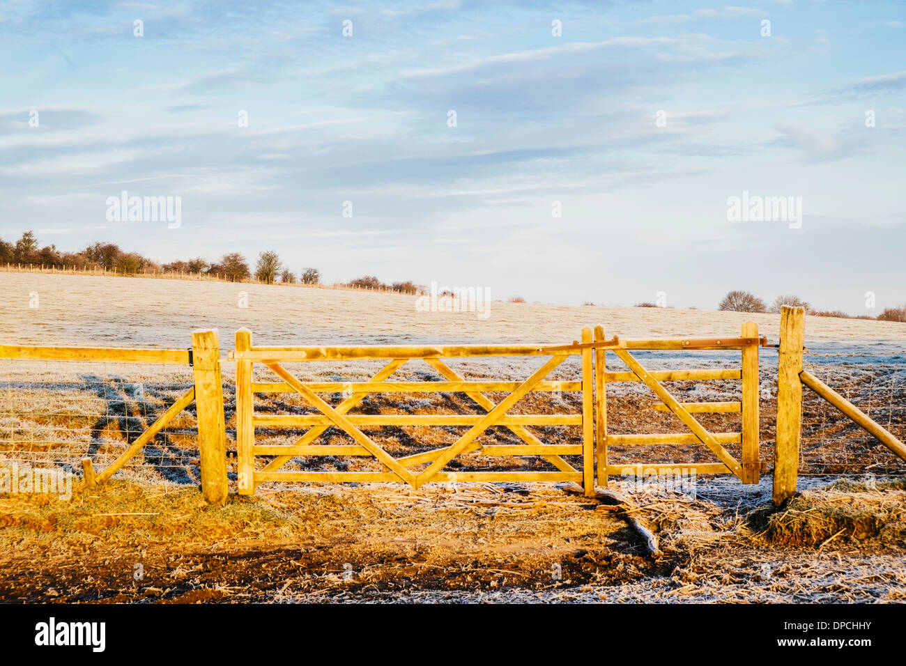 Cancello in legno in campo sul soleggiato e gelido mattino REGNO UNITO Foto Stock