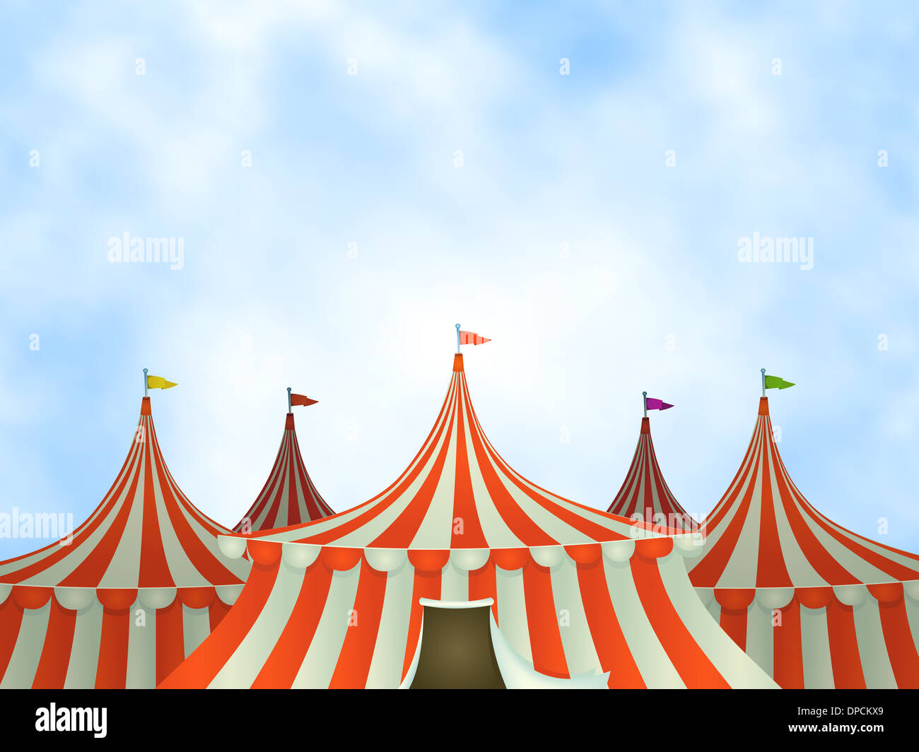 Illustrazione di cartoon circus tende su un cielo blu sullo sfondo Foto Stock