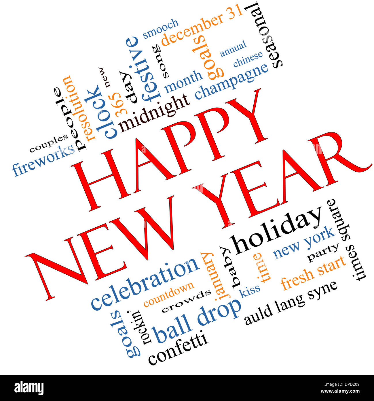 Felice Anno Nuovo parola angolata concetto Cloud con grande termini come celebrazione, vacanze, conto alla rovescia, kiss e altro ancora. Foto Stock