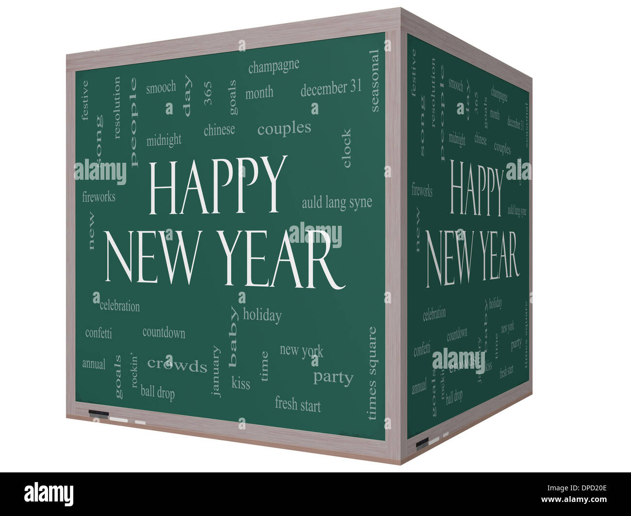 Felice Anno Nuovo cubo 3D blackboard concetto di parola con grande termini come fuochi d'artificio, party, caduta sfera brano e altro ancora. Foto Stock