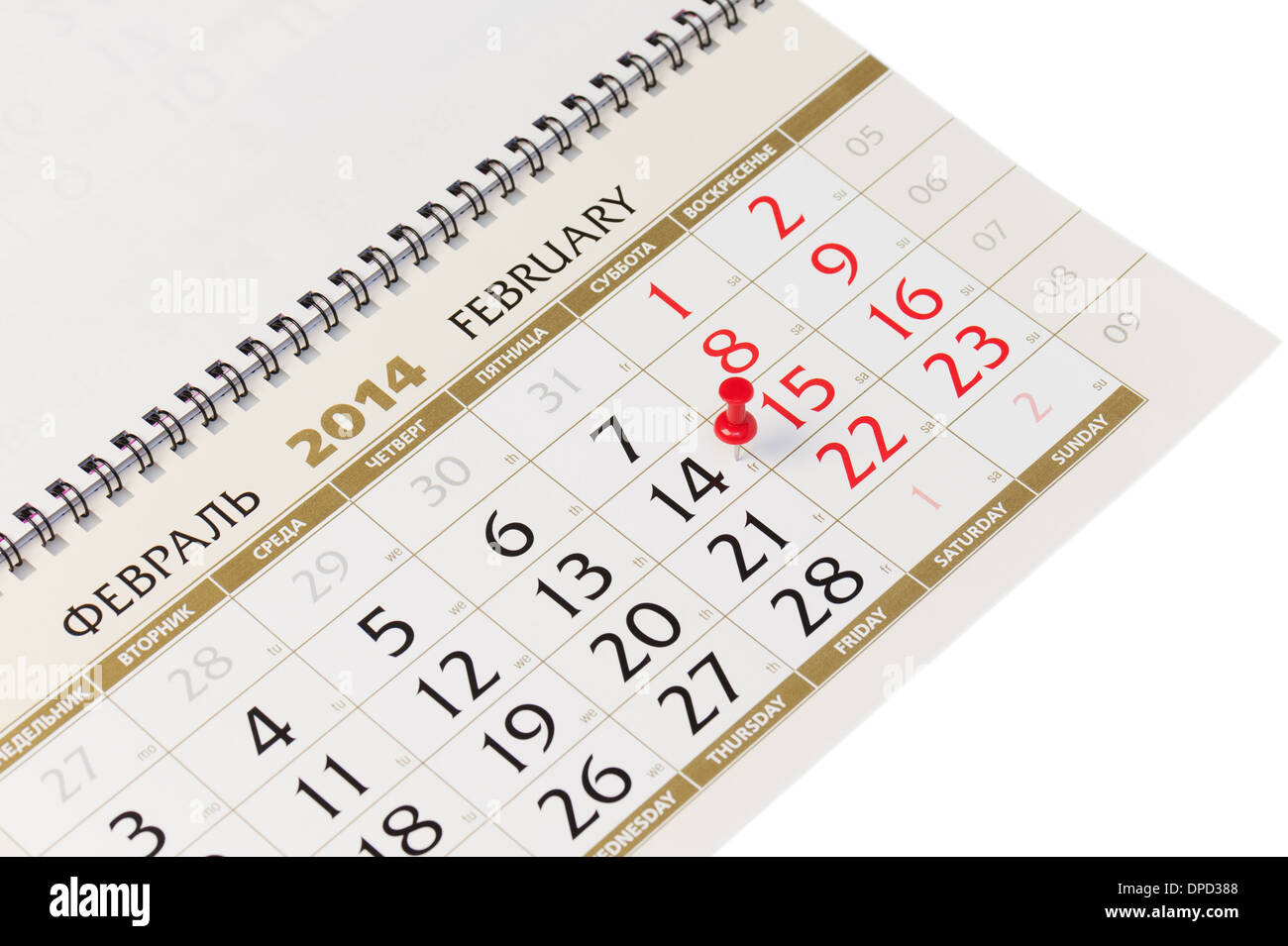 Pagina del calendario con la puntina rossa il 14 febbraio 2014. Primo piano. Foto Stock