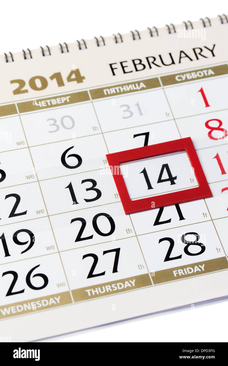 Pagina del calendario con cornice rossa il 14 febbraio 2014. Primo piano. Foto Stock