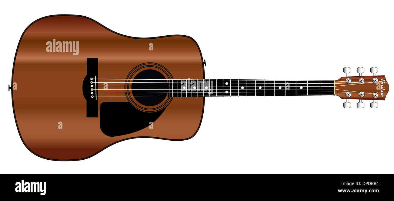 Una tipica chitarra acustica isolate su uno sfondo bianco. Foto Stock