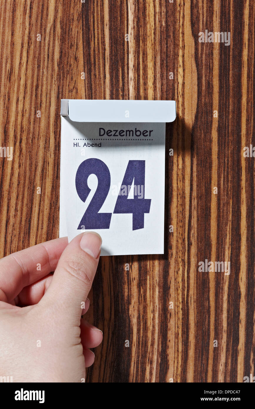 La mano di strappare il foglio del Calendario del 24 dicembre Foto Stock