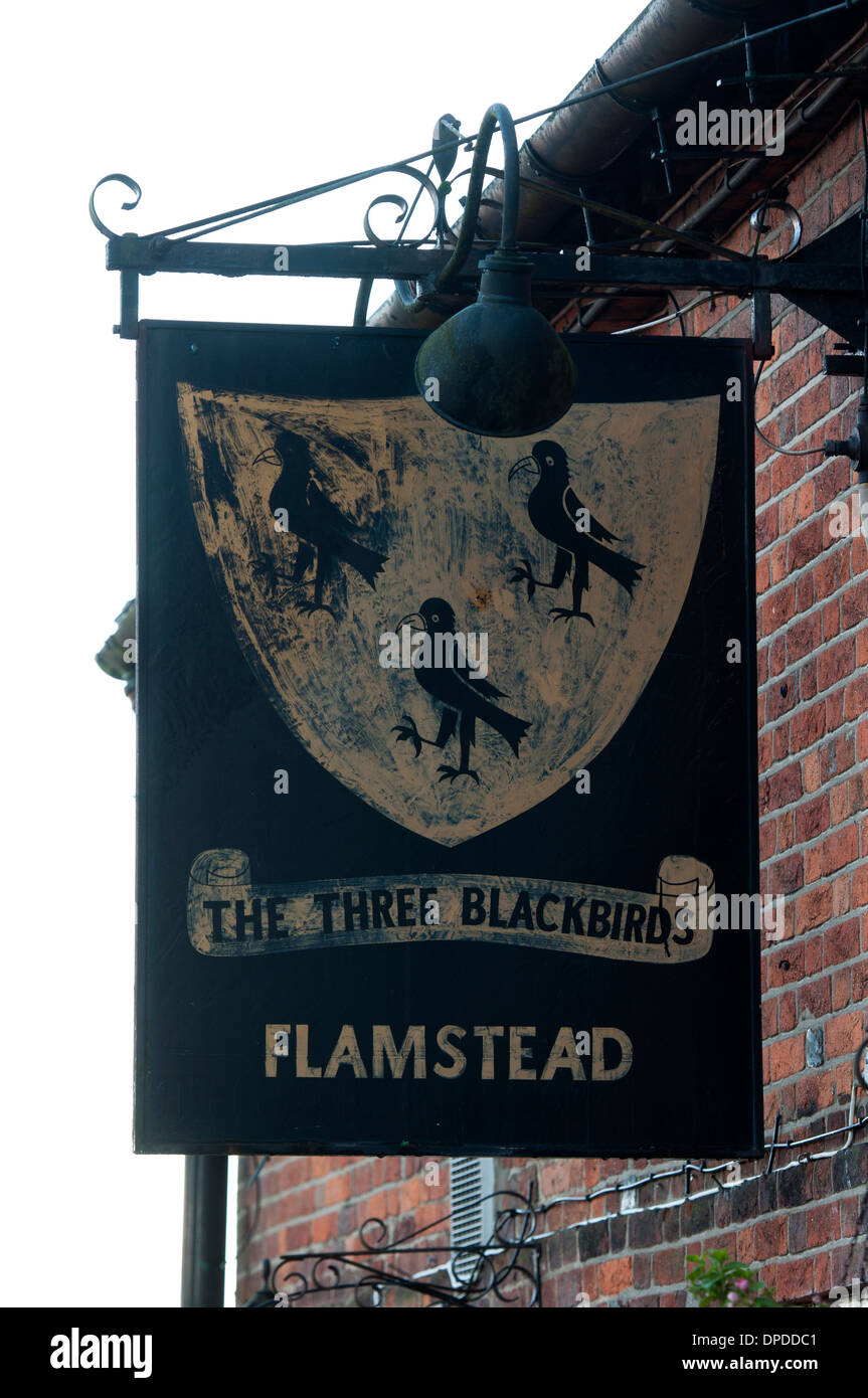 I Tre Merli pub segno, Flamstead, Hertfordshire, Inghilterra, Regno Unito Foto Stock