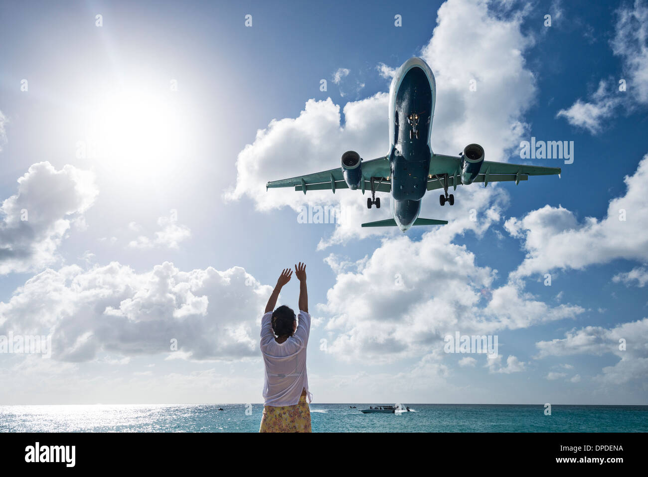 Approcci aereo Maho Beach. Foto Stock