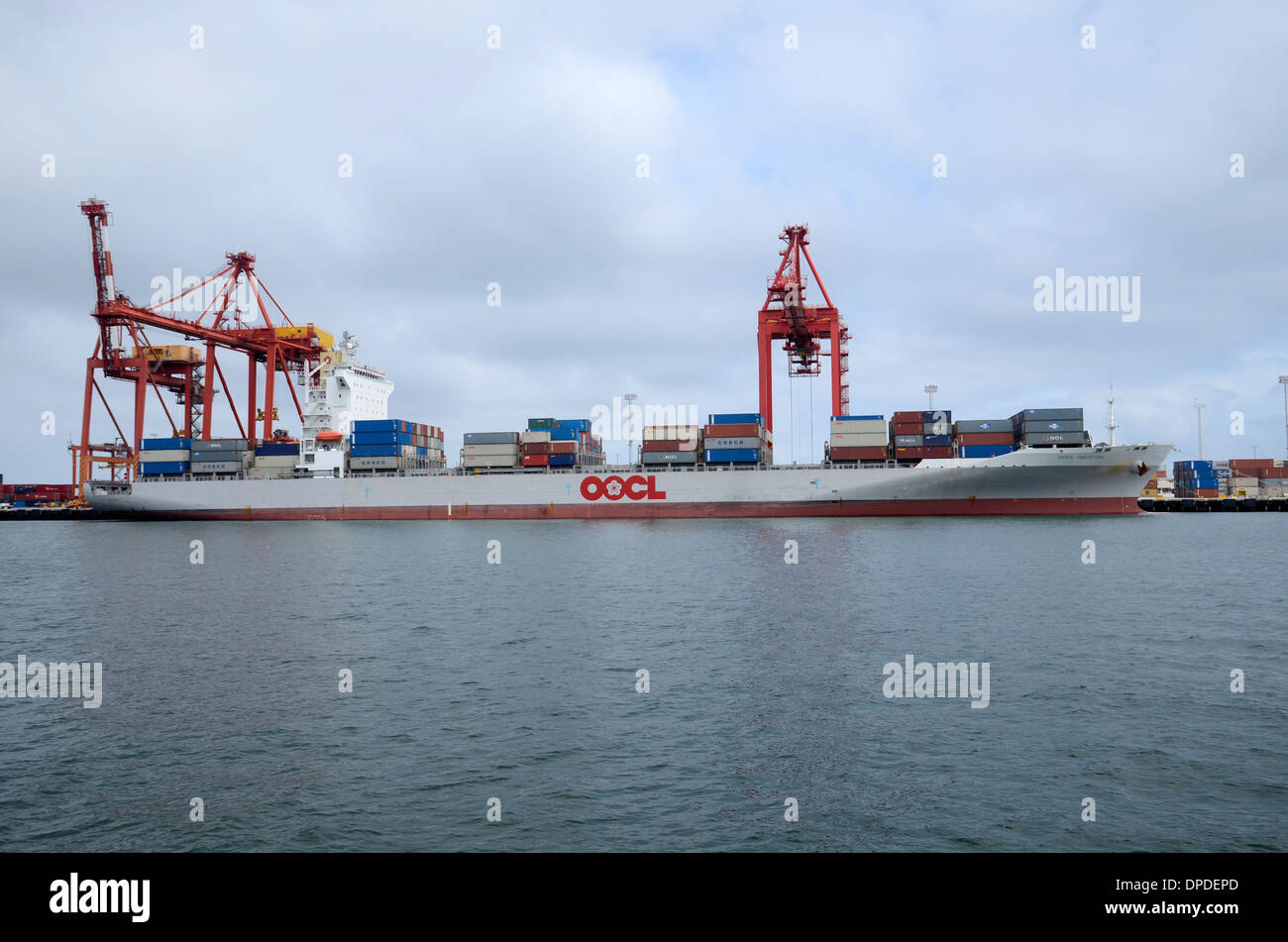 Una nave portacontainer essendo caricati al porto di Fremantle, Australia occidentale Foto Stock