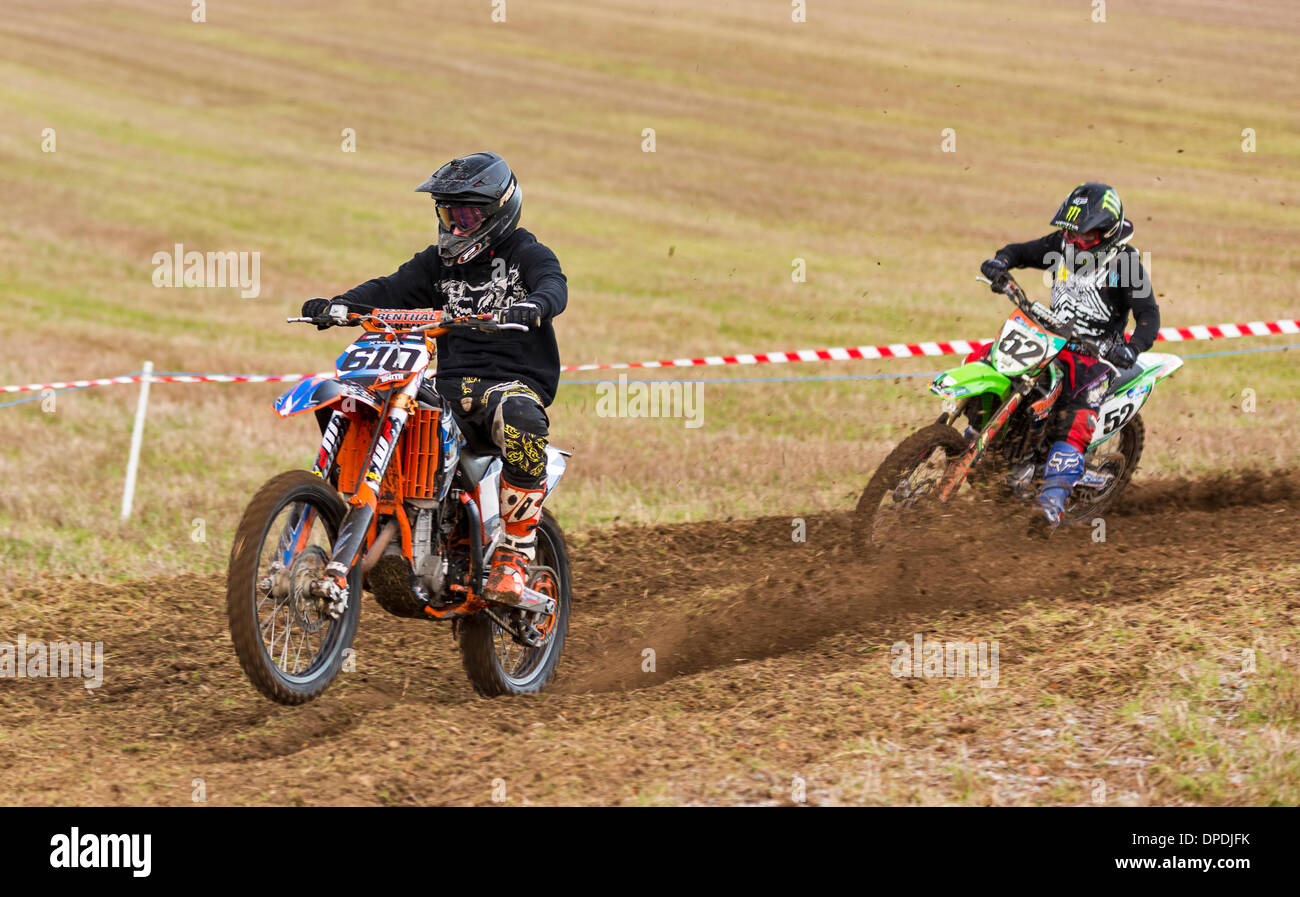 Aberdeenshire, Scotland, Regno Unito . Xii gen, 2014. Si tratta di alcune delle azioni di scene di Aberdeen di distretto e di Club di Motocross, stoppia Park Race il 12 gennaio 2014 a Fornet Farm, Lyne di Skene, Aberdeenshire, Scotalnd, Regno Unito. Credito: JASPERIMAGE/Alamy Live News Foto Stock