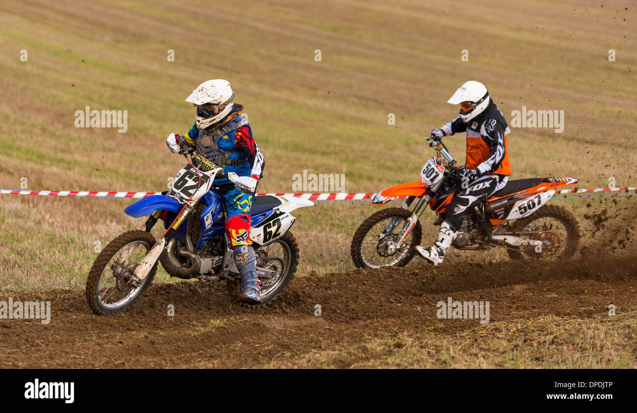 Aberdeenshire, Scotland, Regno Unito . Xii gen, 2014. Si tratta di alcune delle azioni di scene di Aberdeen di distretto e di Club di Motocross, stoppia Park Race il 12 gennaio 2014 a Fornet Farm, Lyne di Skene, Aberdeenshire, Scotalnd, Regno Unito. Credito: JASPERIMAGE/Alamy Live News Foto Stock