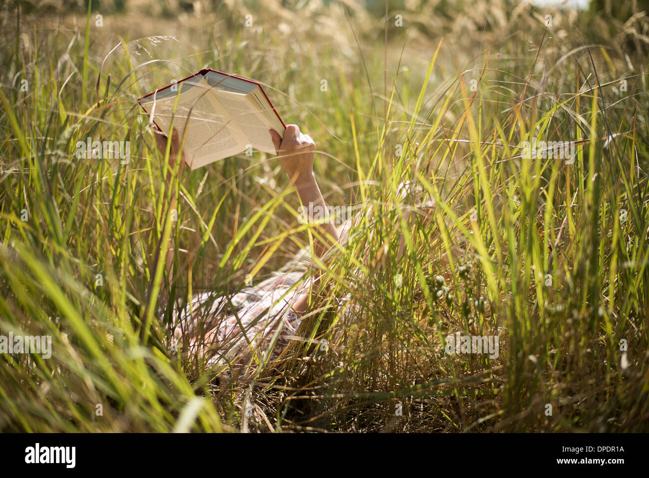 Donna sdraiata in erba lunga libro di lettura Foto Stock