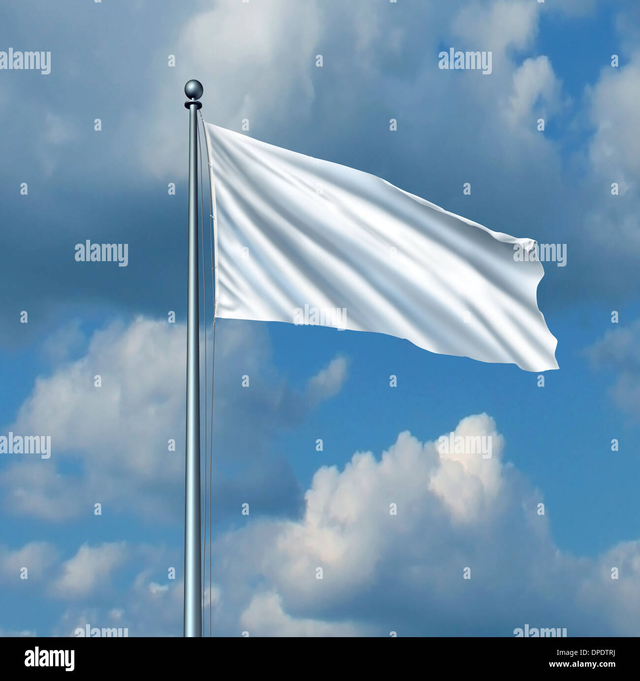 White Flag simbolo di riscatto come una metafora per il ritiro in azienda e un nuovo inizio con un bianco panno ondulato su un pennone su windy blue sky come icona di rinunciare a lottare con copia spazio per una promozione o un messaggio pubblicitario. Foto Stock