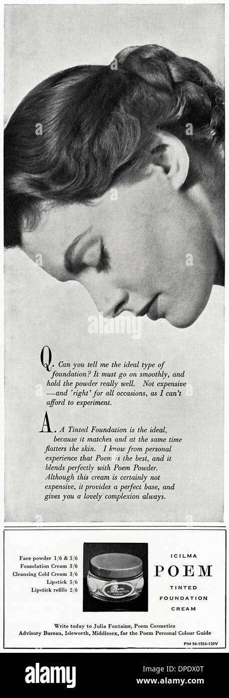 Anni Cinquanta pubblicità pubblicità ICILMA poesia fondazione oscurata la crema di Julia Fountaine cosmetici. Annuncio pubblicitario womens fashion magazine circa 1952. Foto Stock
