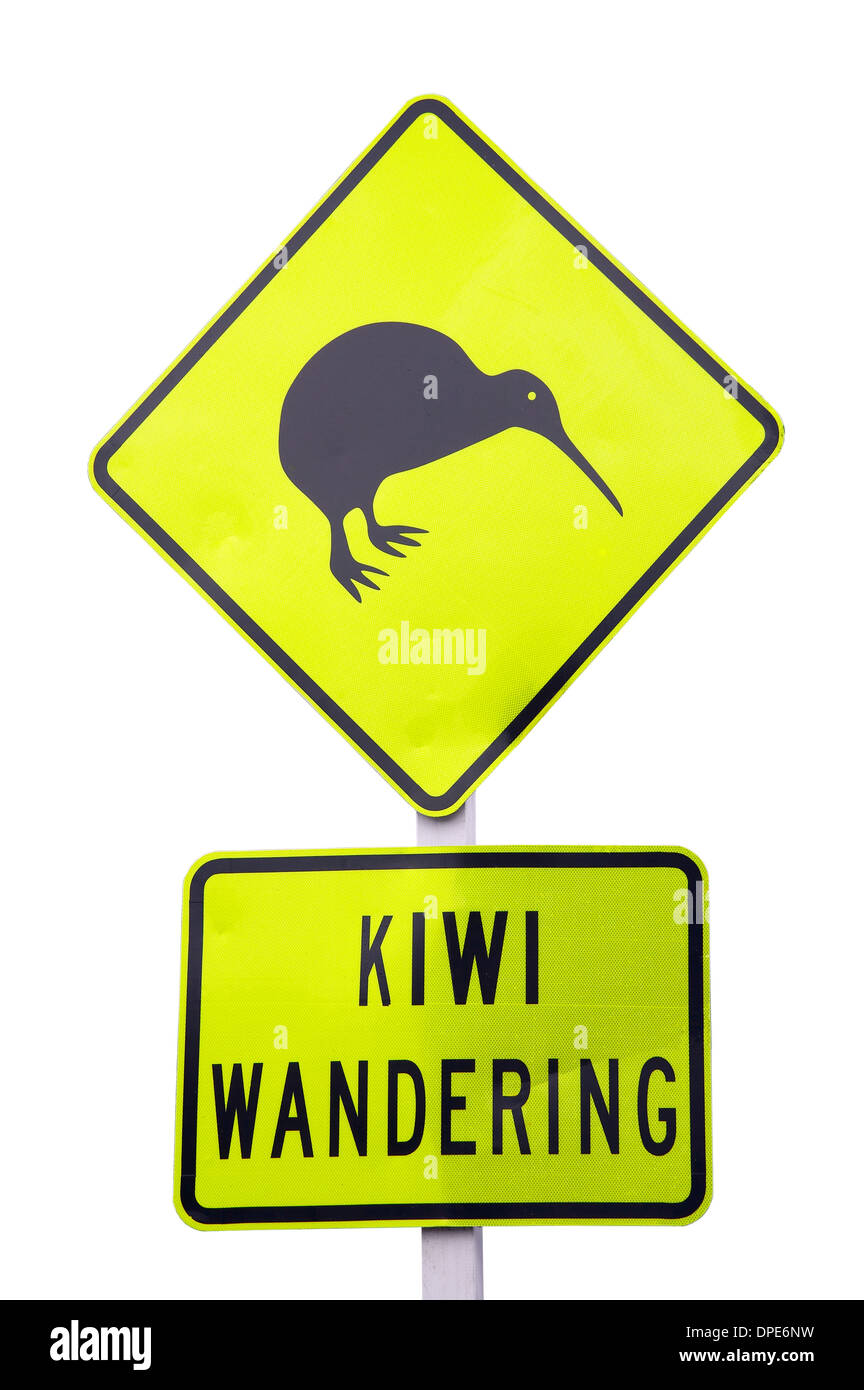 Spaccato di Kiwi errante segno di avvertimento, vicino Whakatane, Baia di Planty, Isola del nord, Nuova Zelanda Foto Stock