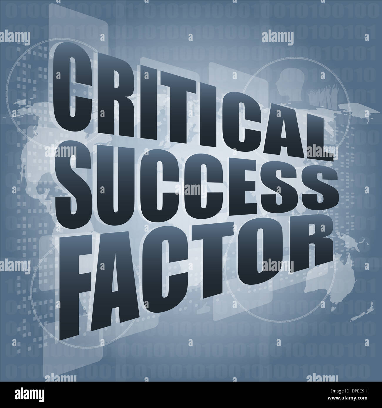 Fattore critico di successo di parole sul display digitale con mappa del mondo Foto Stock