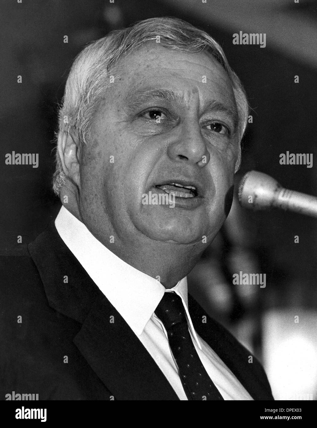 Il 4 dicembre, 1984 - New York, NY, STATI UNITI - FILE (FOTO) il primo ministro Israeliano Ariel Sharon ha tenuto un discorso presso lo Sheraton Centre, New York City, mentre partecipavo a una cena ospitata dalla divisione degli avvocati dello Stato di Israele di obbligazioni. (Credito Immagine: © Keystone Pictures USA/ZUMAPRESS.com) Foto Stock