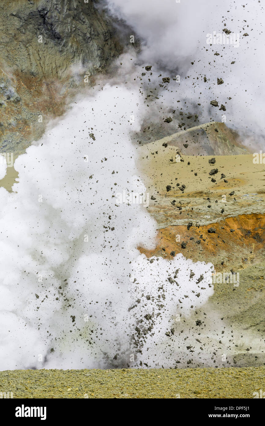 Il fango viene espulso dal pavimento della caldera di andesite attivi Stratovulcano sull isola Bianca, Isola del nord, Nuova Zelanda, Pacific Foto Stock