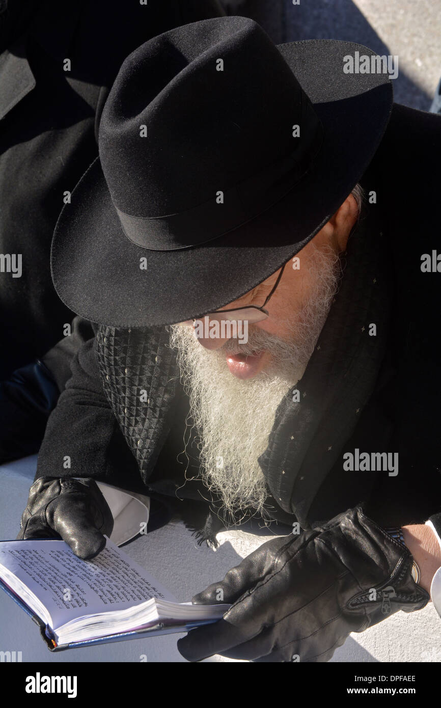 Ritratto di un rabbino la lettura di una preghiera presso il luogo di sepoltura dei Lubavitcher Rebbe. A Montefiore cimitero nel Queens, NY Foto Stock