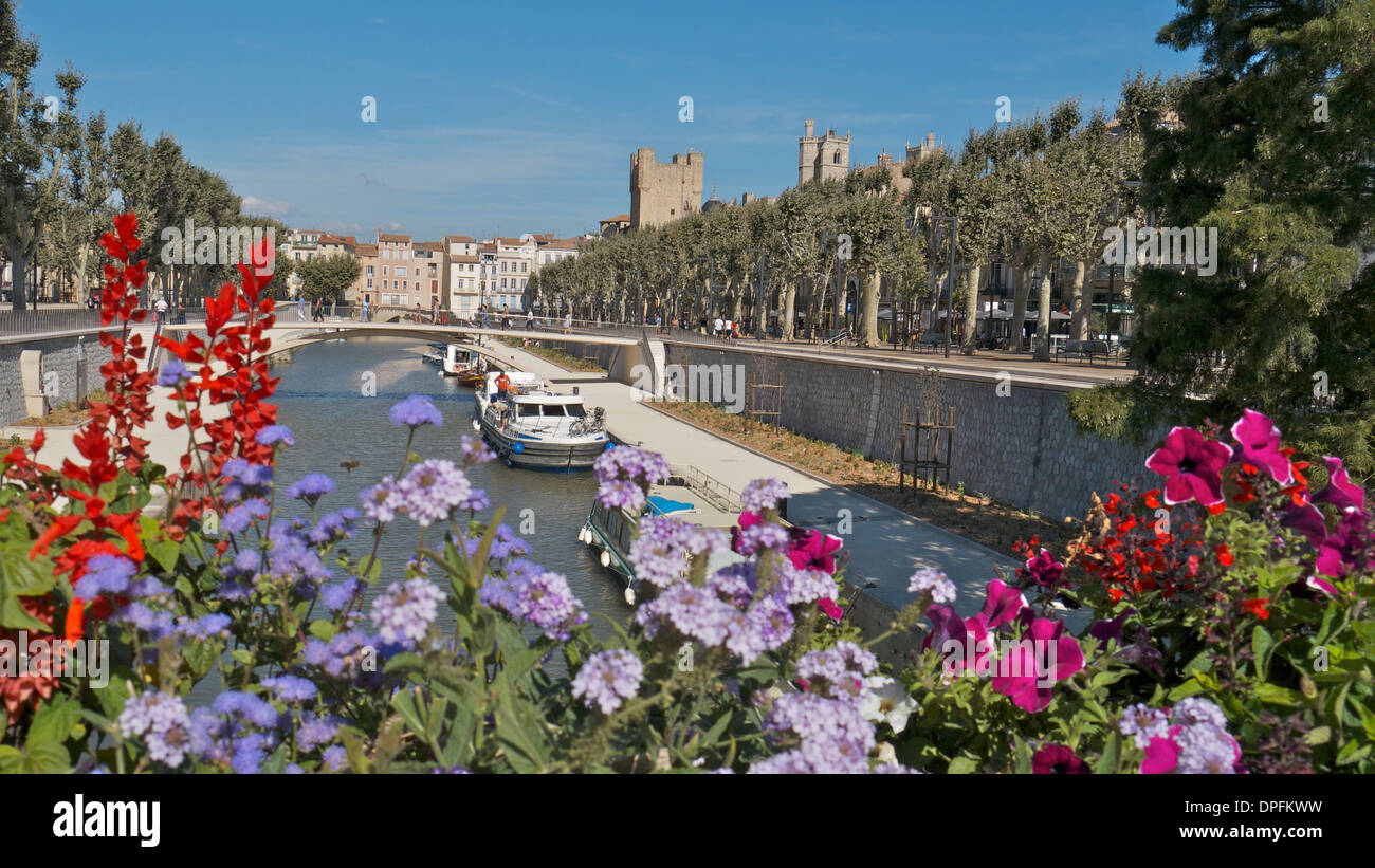 Canal de la Robine con fiori in primo piano. Narbonne Francia. Foto Stock