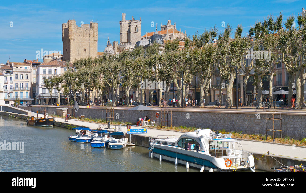 Vista della cattedrale di Narbonne con Canal de la Robine in primo piano. Foto Stock