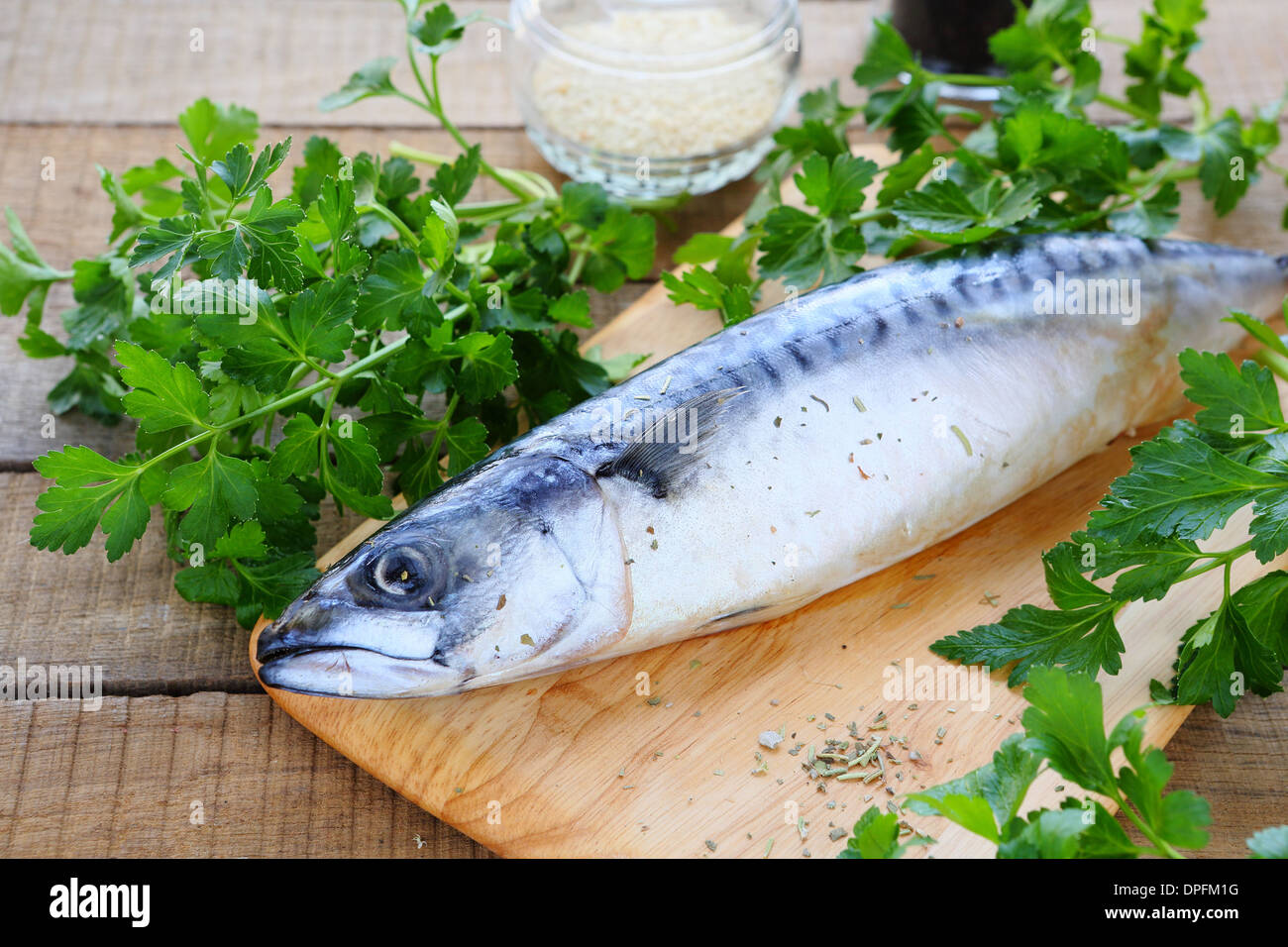 Sgombri freschi ed erbe fresche, cibo closeup Foto Stock