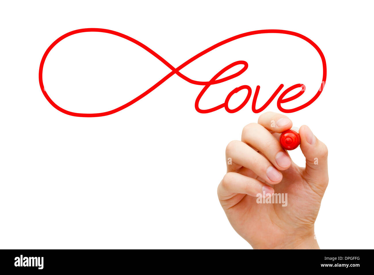 Schizzi a mano infinito amore simbolo con il contrassegno rosso sulla cancellazione trasparente stampato. Concetto di trovare l'amore infinito. Foto Stock