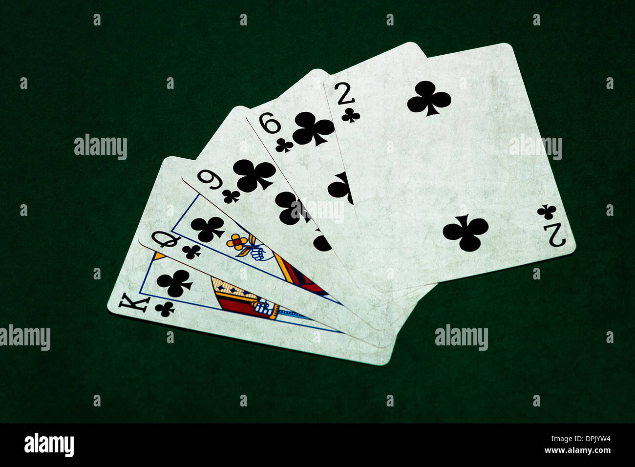 Mani di Poker - a filo 3. Vista ingrandita di cinque carte da gioco formando il poker mano a filo Foto Stock