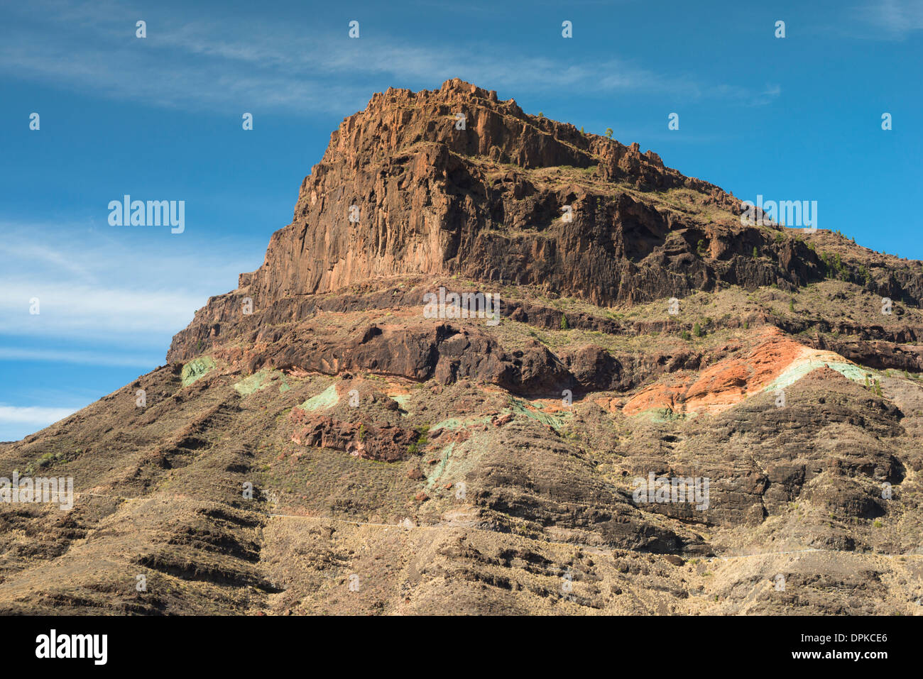 Color-nastrati, alterati idrotermicamente rocce vulcaniche a los Azulejos, Mogan, Gran Canaria Isole Canarie Foto Stock