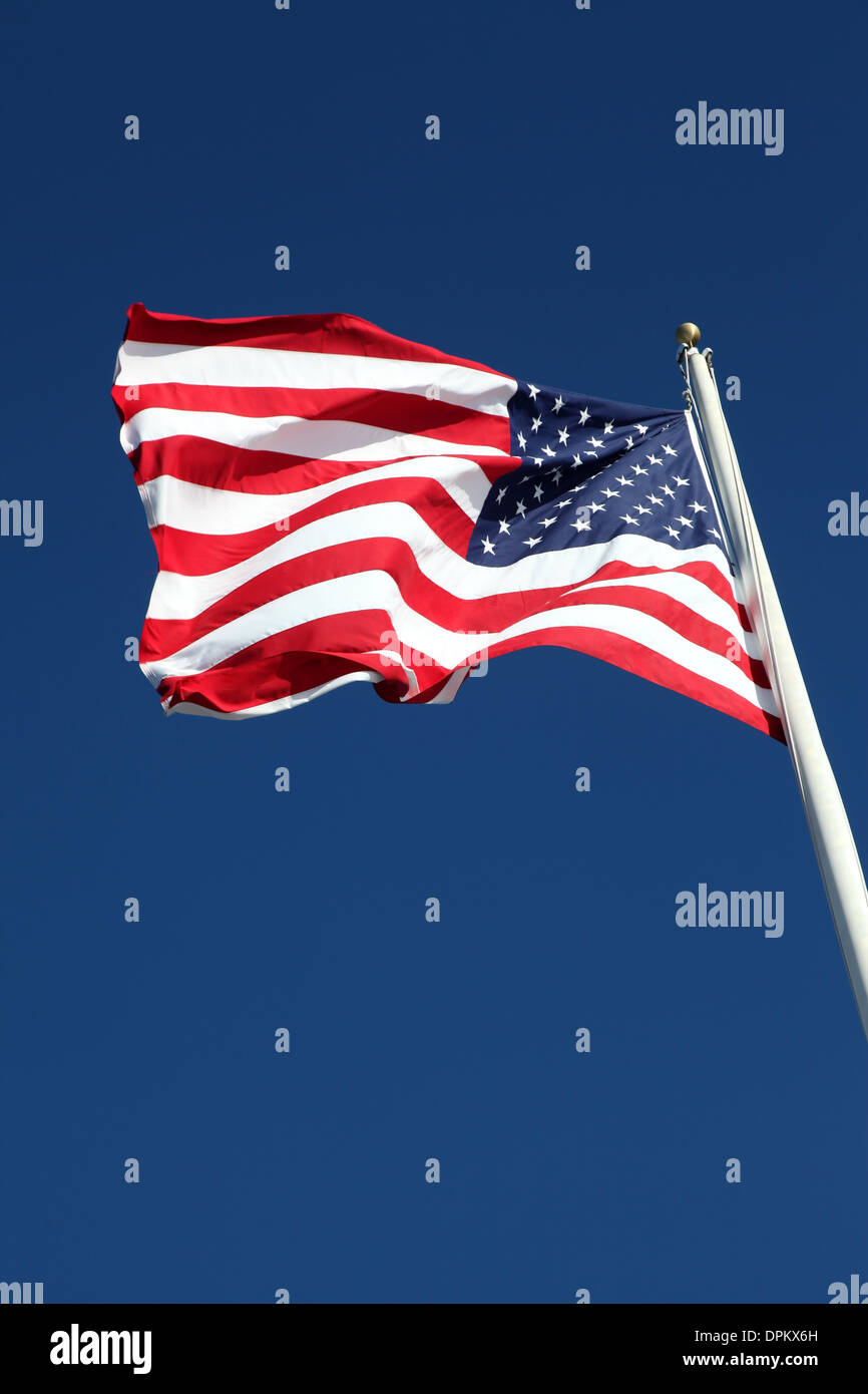 Bandiera degli Stati Uniti d'America contro uno sfondo blu Foto Stock