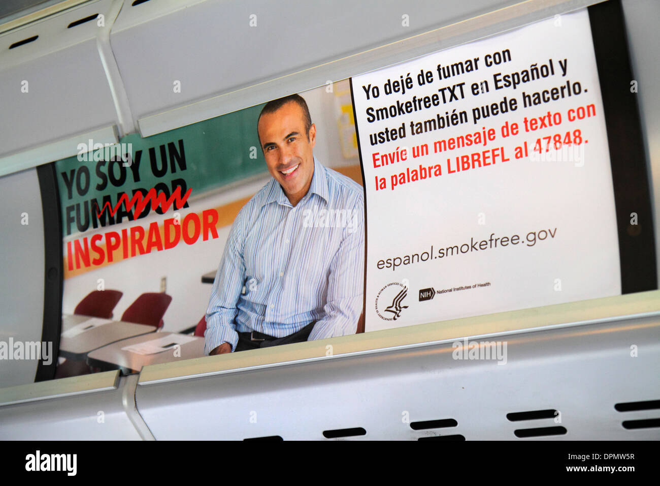 Miami Beach Florida, autobus pubblico, pullman, aereo, pubblicità, annuncio, lingua spagnola, non fumatori, FL131231093 Foto Stock