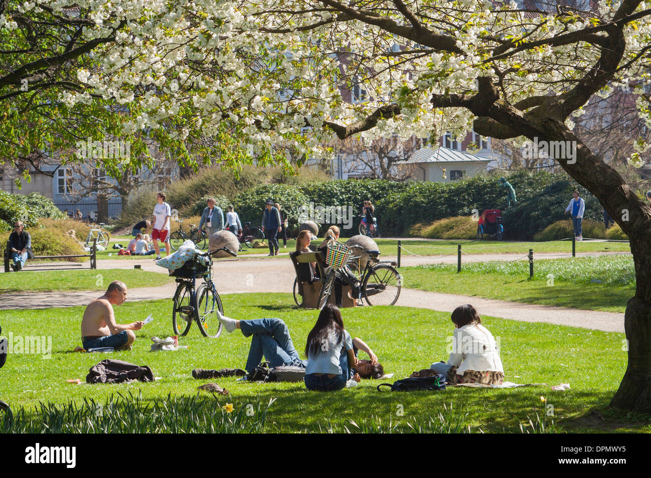 Persone in relax Kongens Have (il giardino del re) presso il Castello di Rosenborg, Copenhagen, Danimarca Foto Stock