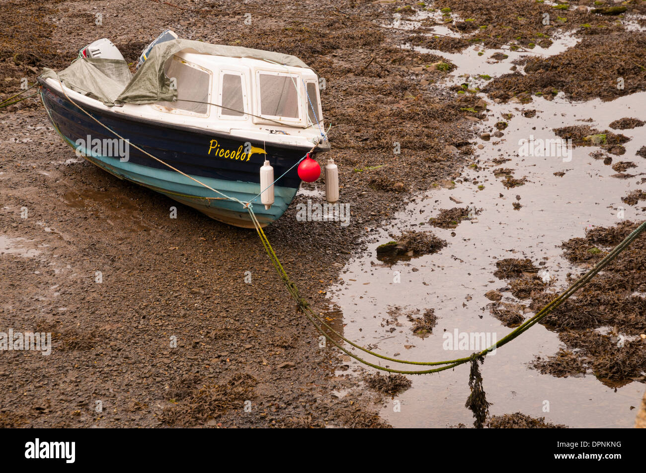 Una barca di lone si siede in un porto a secco, aspettando il ritorno della marea. Foto Stock