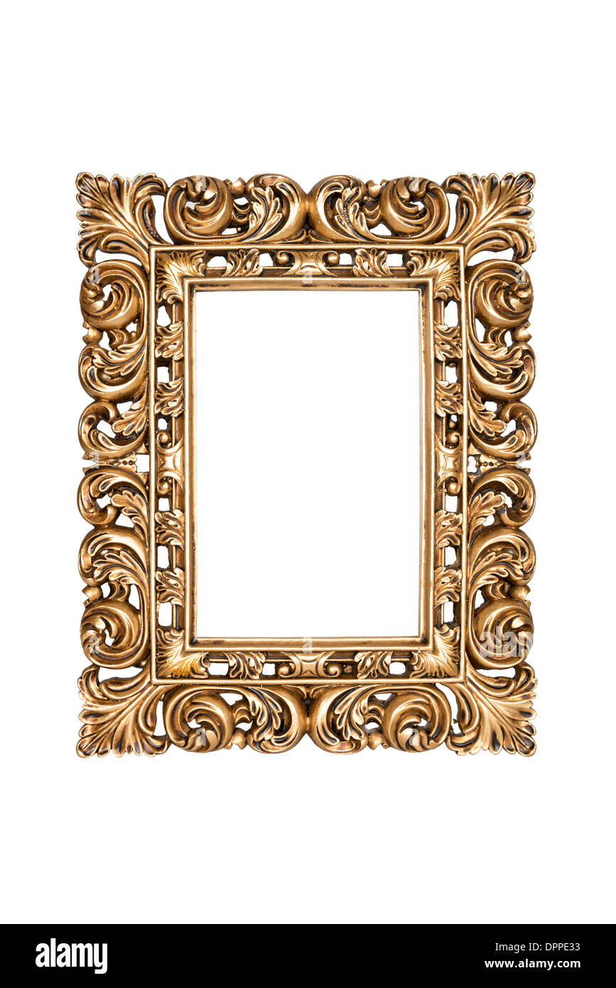 Oro scolpito picture frame isolato su bianco con percorso di clipping. Foto Stock