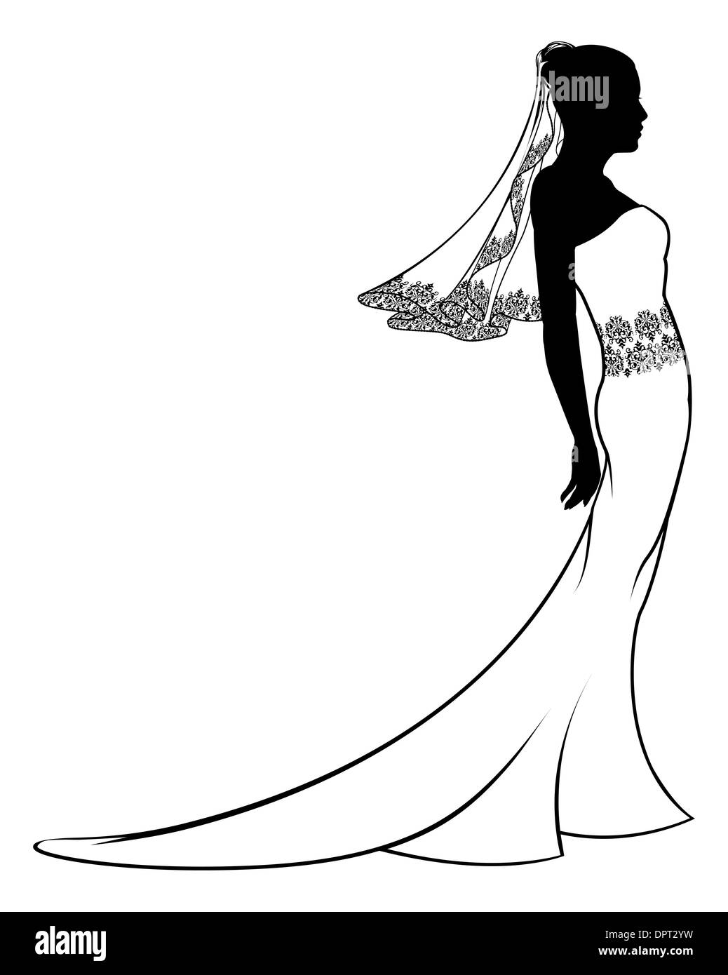 Una illustrazione di una sposa nel suo abito da sposa in silhouette Foto Stock