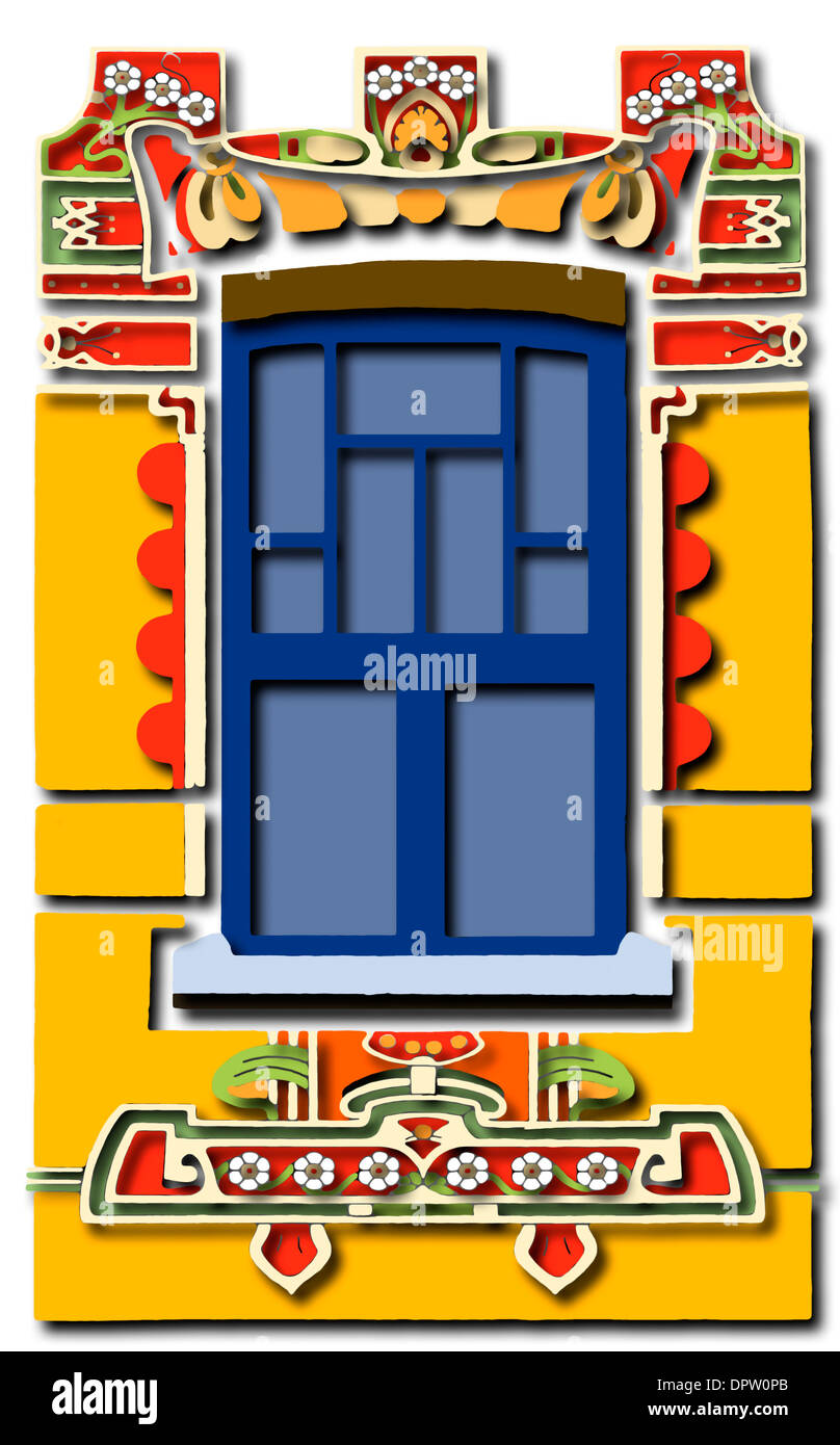 Illustrazione Digitale da foto originale della casa in stile Art Nouveau di facciata in dettaglio Kunstlaan, Gand, Belgio Foto Stock
